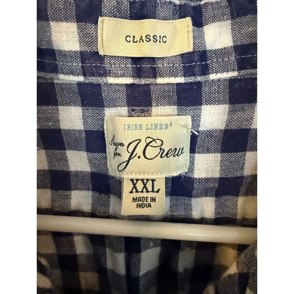 J Crew Irish Linen Blue white Plaid Men's Long sleeve Button Shirt Size XXL